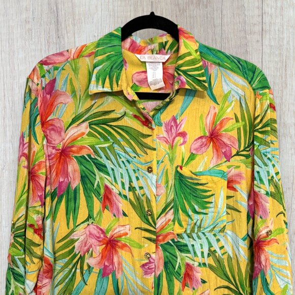 La Blanca Tropical Calypso Button-Up Cover-Up Shirt Yellow Floral Size M - Picture 3 of 6